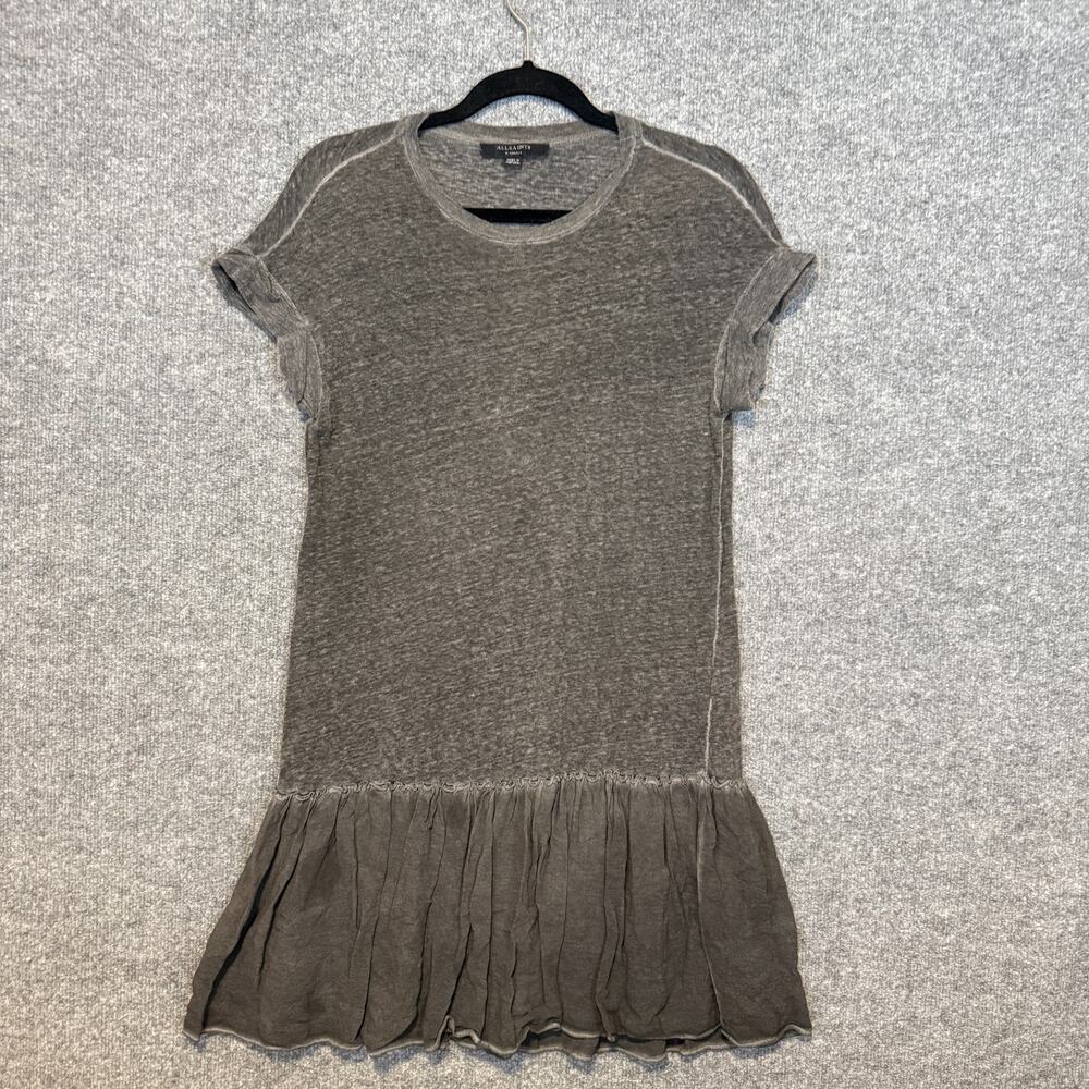 All‎ Saints Dress Womens XS Gray Short Sleeve Jody Jersey Dress Linen Ruffle Hem